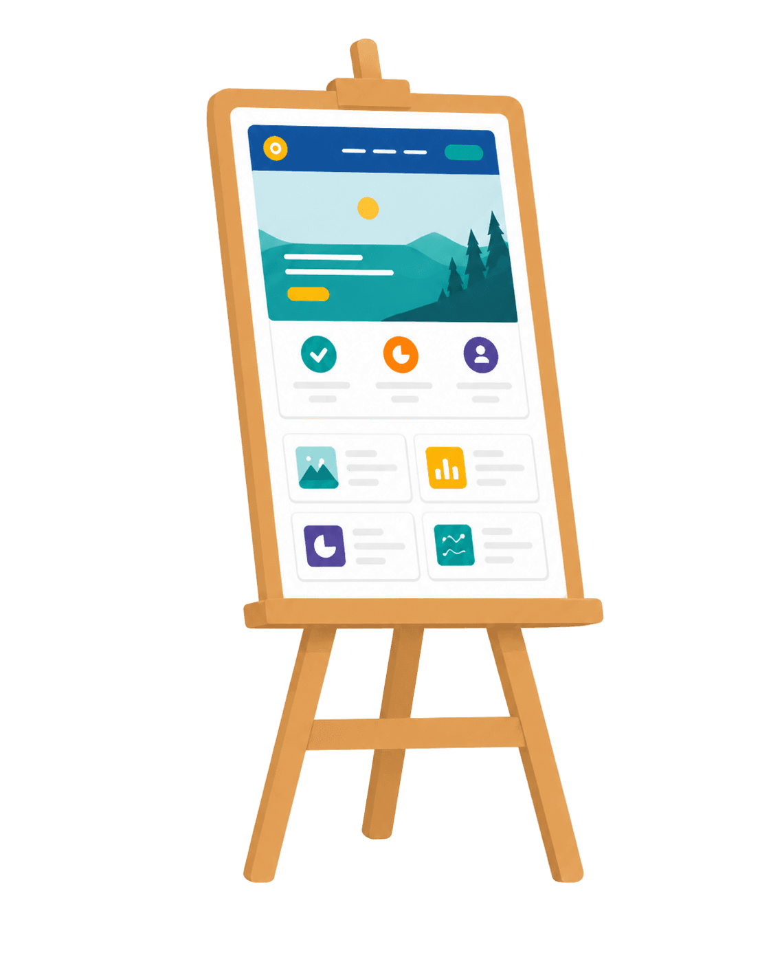 Hand-skizzierte komplexe Webseite mit Bergsee-Hero, Service-Tiles und Modulen auf einer Holz-Staffelei — Sinnbild für das Professional-Paket.